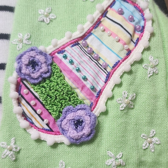 Jack B Quick Striped Cardigan w/ Embroidered Flip Flops Sequined, Beaded VINTAGE - Picture 6 of 6